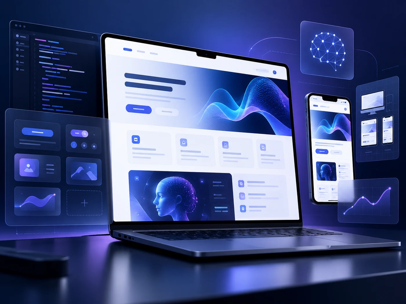 Futuristic AI product interface shown across web and mobile screens