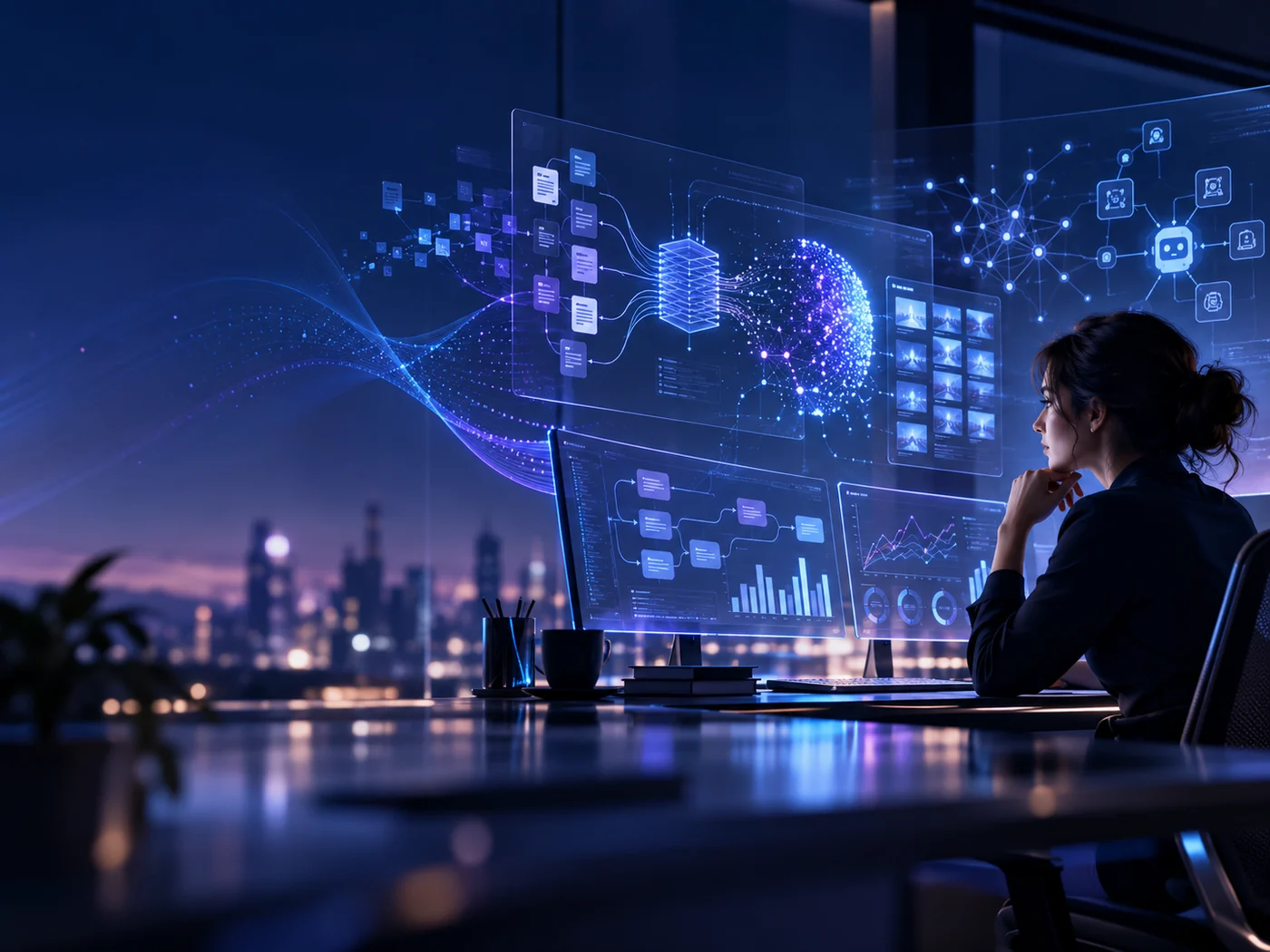 AI engineering workspace with knowledge systems and analytical interfaces